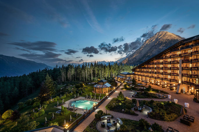 Aerial view of the Interalpen-Hotel Tyrol in the Austrian Alps. Preferred Hotels & Resorts, hotels in the Alps, hotels in Austria, Tyrol