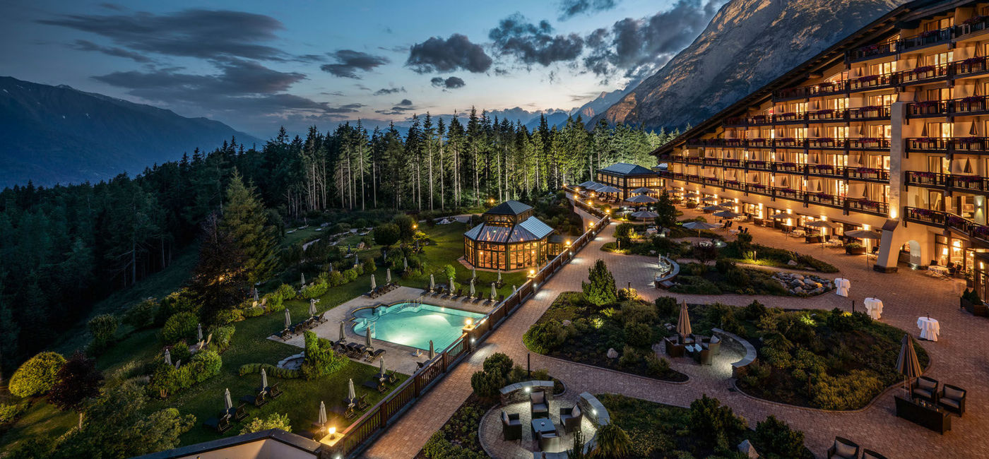 Image: Aerial view of the Interalpen-Hotel Tyrol in the Austrian Alps.  (Photo Credit: Preferred Hotels & Resorts)