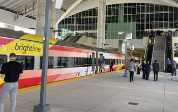 The Brightline train at the new Orlando Airport station.