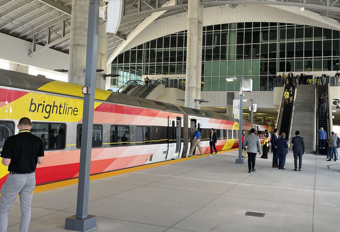 The Brightline train at the new Orlando Airport station.