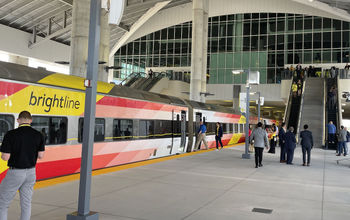 The Brightline train at the new Orlando Airport station.