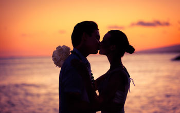 Just-married couple on the beach.