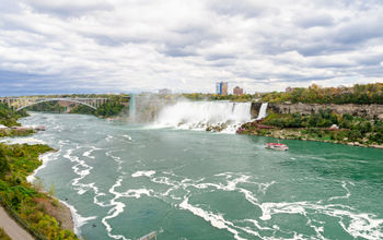 Niagara Falls with Rainbow Bridge and American Falls in Ontario, Canada