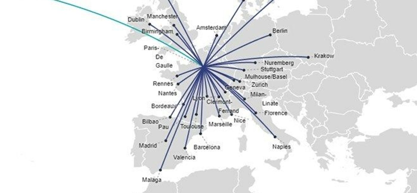 Image: Map of the new cities available through WestJet's codeshare partnership with Air France. (Photo Credit: WestJet)