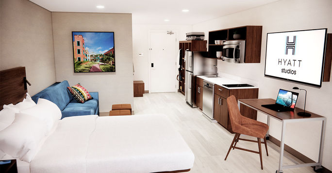 Guest room at Hyatt Studios, Hyatt's newest brand