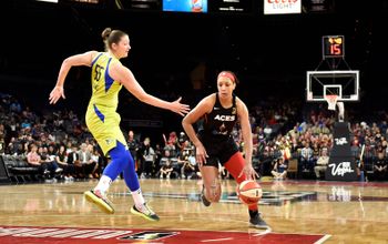 A’ja Wilson (right) stars with the Las Vegas Aces.