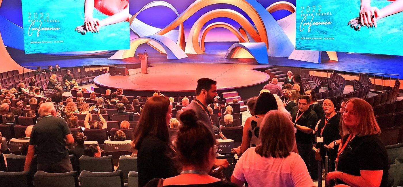 Image: Avoya 2022 Conference attendees filing into the Theater aboard Celebrity Beyond. (photo by Laurie Baratti)