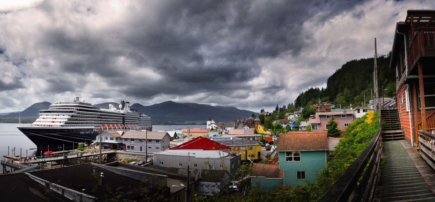 Image: A Holland America Line ship docks in Ketchikan, Alaska. (photo via Holland America Line) (Photo Credit: (photo via Holland America Line))