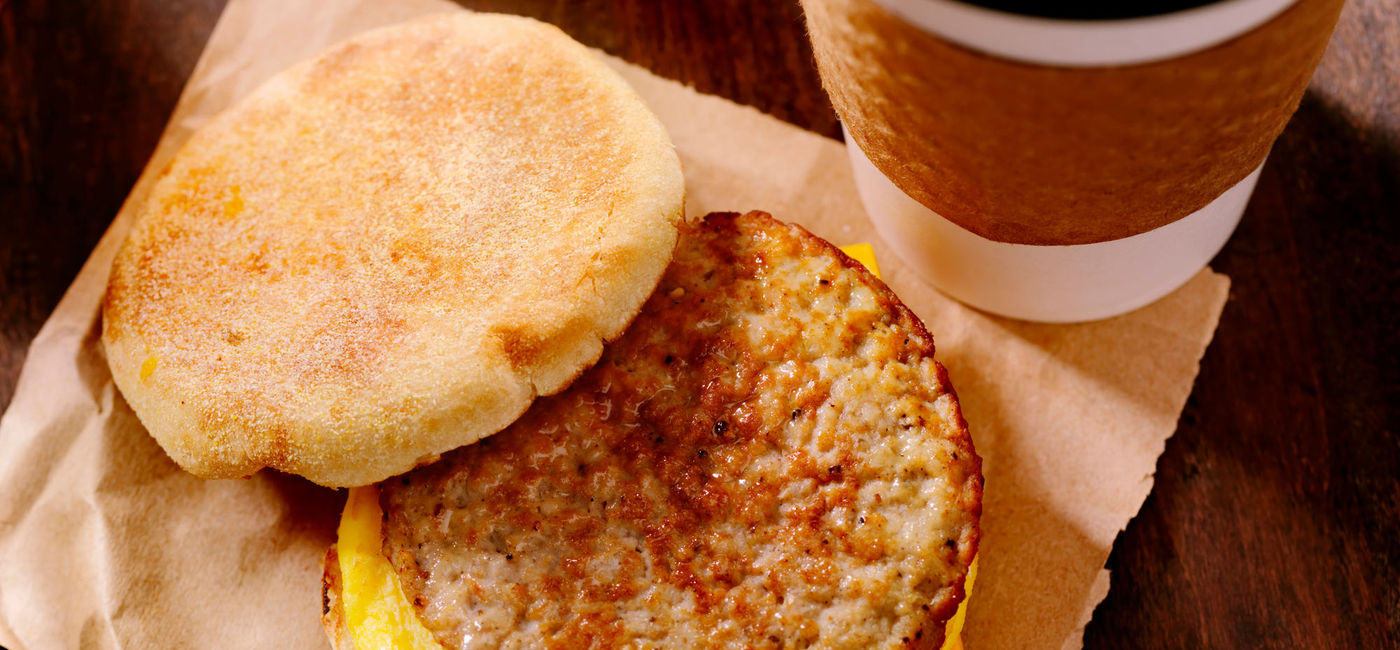 Image: Sausage and egg breakfast sandwich. (photo via LauriPatterson / E+)