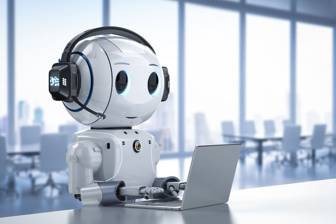An artificially intelligent customer service robot working with call headset and laptop. AI, A.I., Artificial Intelligence, robots, chatbots, Chat GPT, technology, customer service, call center, headsets