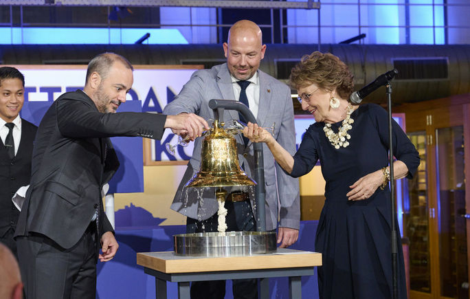 Right to Left: Princess Margriet of the Netherlands, Roel Dusseldorp (GM of Hotel New York), and Holland America Line President Gus Antorcha