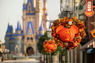 The Magic Kingdom at Walt Disney World decorated for fall.
