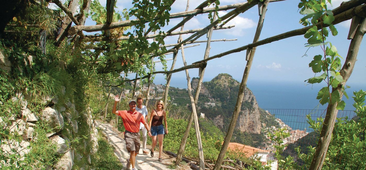 Image: Walkers on a Classic Journey explore the Path of the Gods on Italy's Amafli Coast. (Photo via Lindblad Expeditions Holdings Inc.)