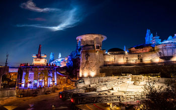 A nighttime outlook onto Black Spire Outpost at Star Wars: Galaxy's Edge