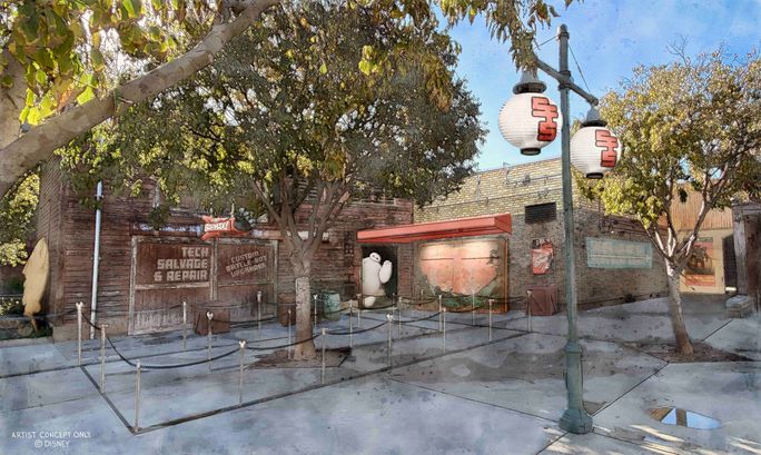 Baymax meet-and-greet area in San Fransokyo Square, Disney California Adventure Park at Disneyland Resort. Baymax Encounters, Big Hero 6, Character Meet, San Fransokyo Square, Disney California Adventure Park, Disneyland Resort