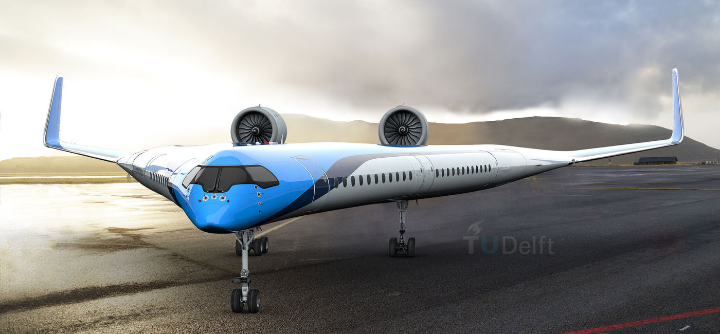 Image: PHOTO: Rendering of the Flying-V on a runway. (Photo courtesy of KLM) (KLM/TU Delft)