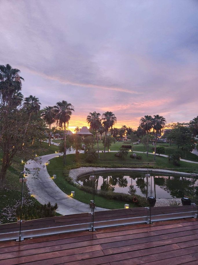 Overlooking the resort's pathway as the sun goes down