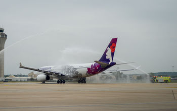 Hawaiian Airlines Airbus A330 aircraft on its inaugural takeoff from Texas' Austin-Bergstrom International Airport (AUS).
