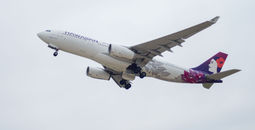 Hawaiian Airlines Airbus A330 taking off from Texas' Austin-Bergstrom International Airport.