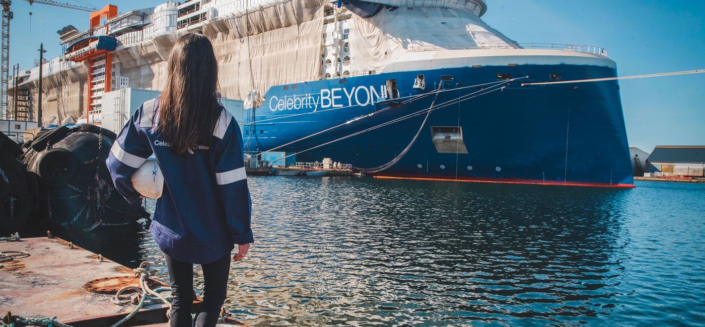 Image: Captain Kate McCue admires the brand-new Celebrity Beyond. (Celebrity Cruises Media)