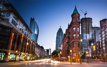 Downtown Toronto, Ontario facing West along Front street. Long exposure at dusk. (Steven_Kriemadis / iStock / Getty Images Plus)
