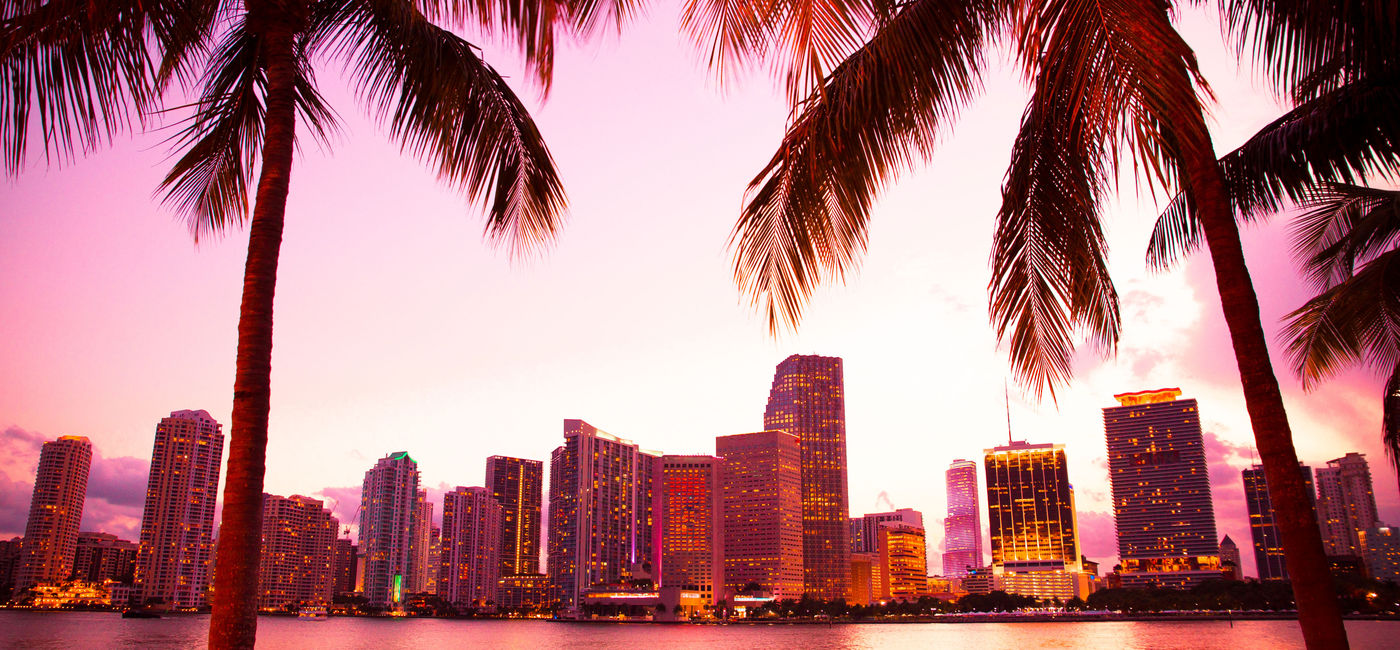 Image: PHOTO: Miami, Florida skyline and bay at sunset seen through palm trees. (photo via littleny / iStock / Getty Images Plus)