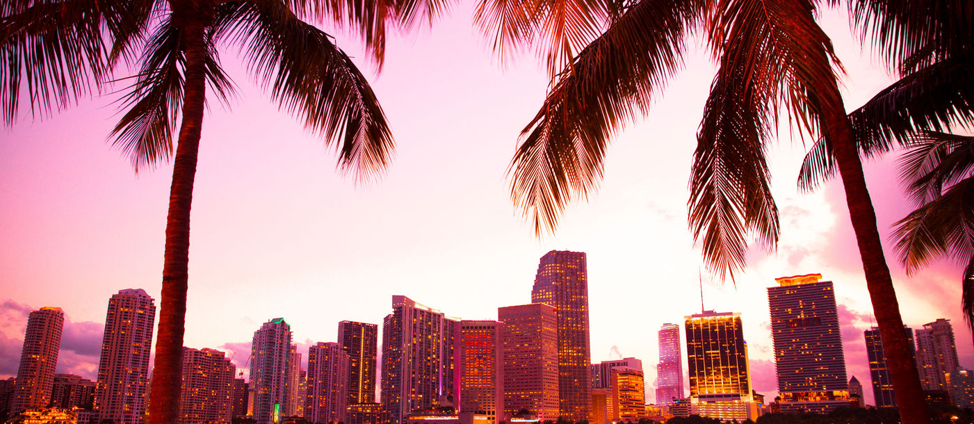Miami Florida skyline and bay at sunset seen through palm trees (photo via littleny / iStock / Getty Images Plus)