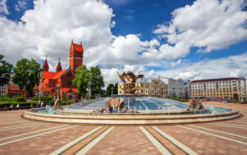Beautiful fountain in Independence Square in Minsk