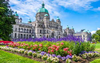 Beautiful view of historic parliament building in the citycenter of Victoria with colorful flowers on a sunny day, Vancouver Island, British Columbia, Canada (photo via bluejayphoto / iStock / Getty Images Plus)