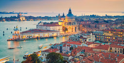 Aerial view of the Venice with Basilica di Santa Maria della Salute taken from St. Mark's Campanile. (photo via RudyBalasko / iStock / Getty Images Plus)