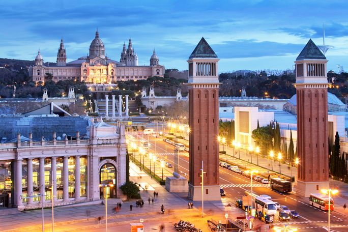 Aerial View on Placa Espanya and Montjuic, Barcelona, Spain (photo via TomasSereda / iStock / Getty Images Plus)