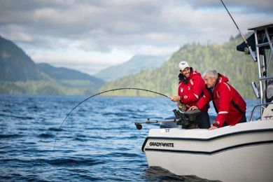 Outdoor activities at Sonora Resort include fishing for salmon fishing along the rugged British Columbia coastline.