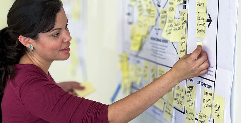 A colleague at Encore use a flurry of sticky notes to map out the flow of the event they’re planning.
