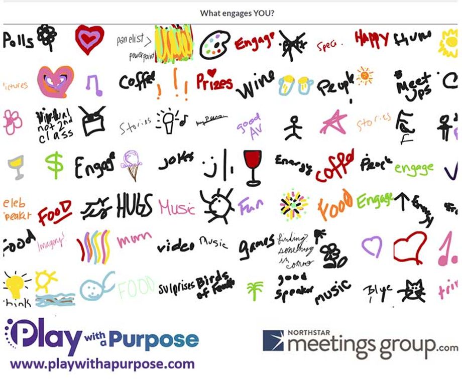 Engagement company Play with a Purpose hosted an activity in which participants used an app to draw answers to questions like "What engages you?"