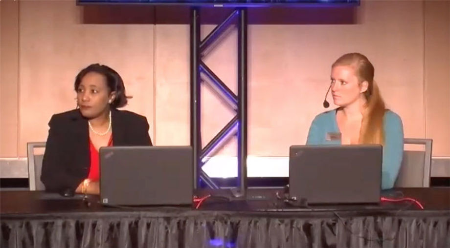 Duke Energy Convention Center Director of Event Services Lia Smith (left) discussed simplifying the floorplan design and event production during the venue's recent hybrid event.