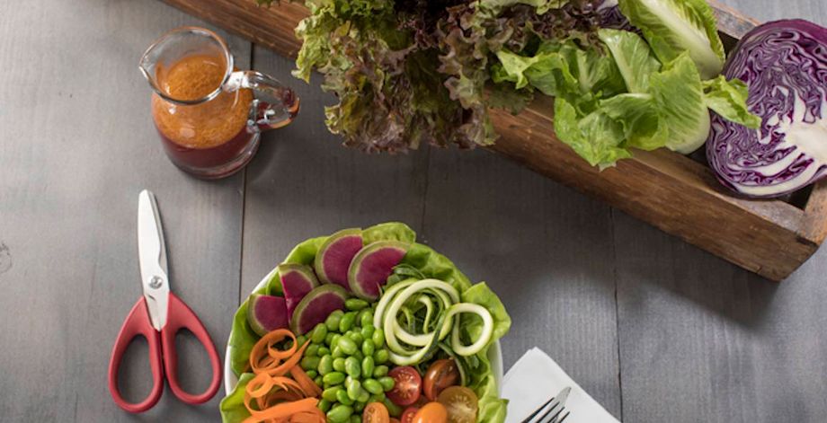 An offering like Hilton's "Cut & Create Salad Bar" makes a nutritious centerpiece for a healthy meeting break.