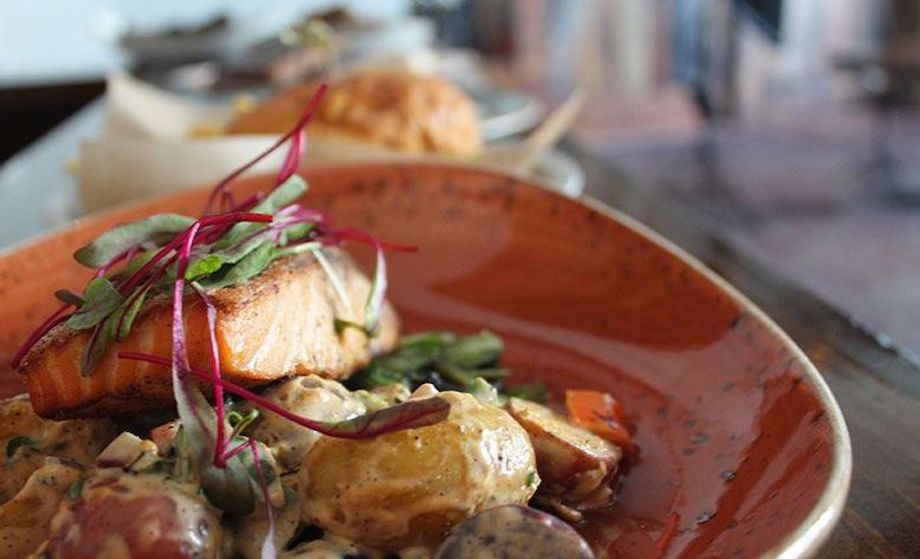 Rye Bar's hickory salmon entree is served with creamed mustard greens and marble potatoes
