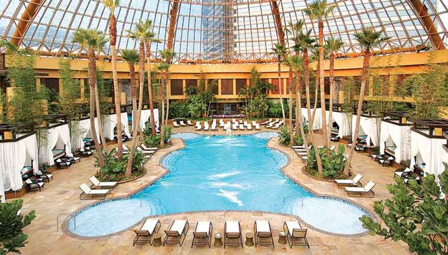 Lounge by the enclosed pool at Harrah’s Resort Atlantic City.