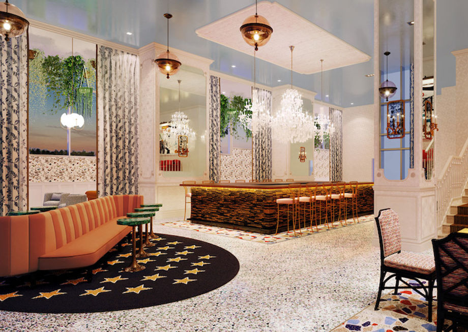 A rendering of the lobby bar and lounge of the Graduate Nashville.