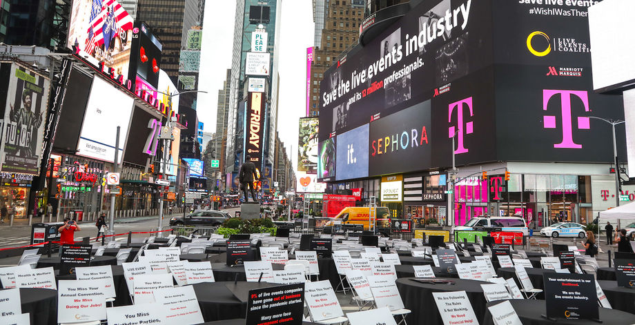 For the event, 48 empty tables were set up in Times Square, each representing 250,000 of the 12 million workers in the live events industry.