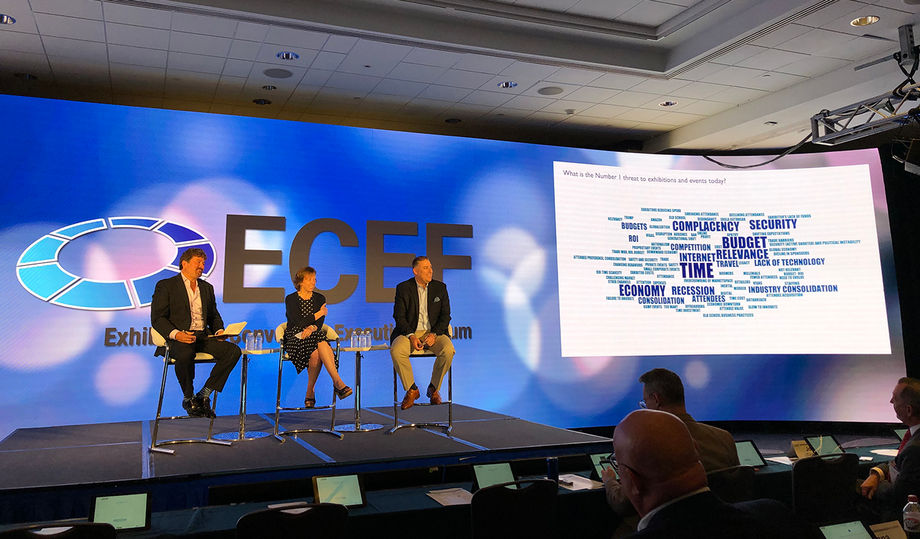 ECEF's Power Panel featured (from left) moderator Rick McConnell, president, North America, for Informa Markets; Linda Gray Martin, director/COO for RSA Conference; and Dennis Smith, president and CEO of Messe Frankfurt Inc.