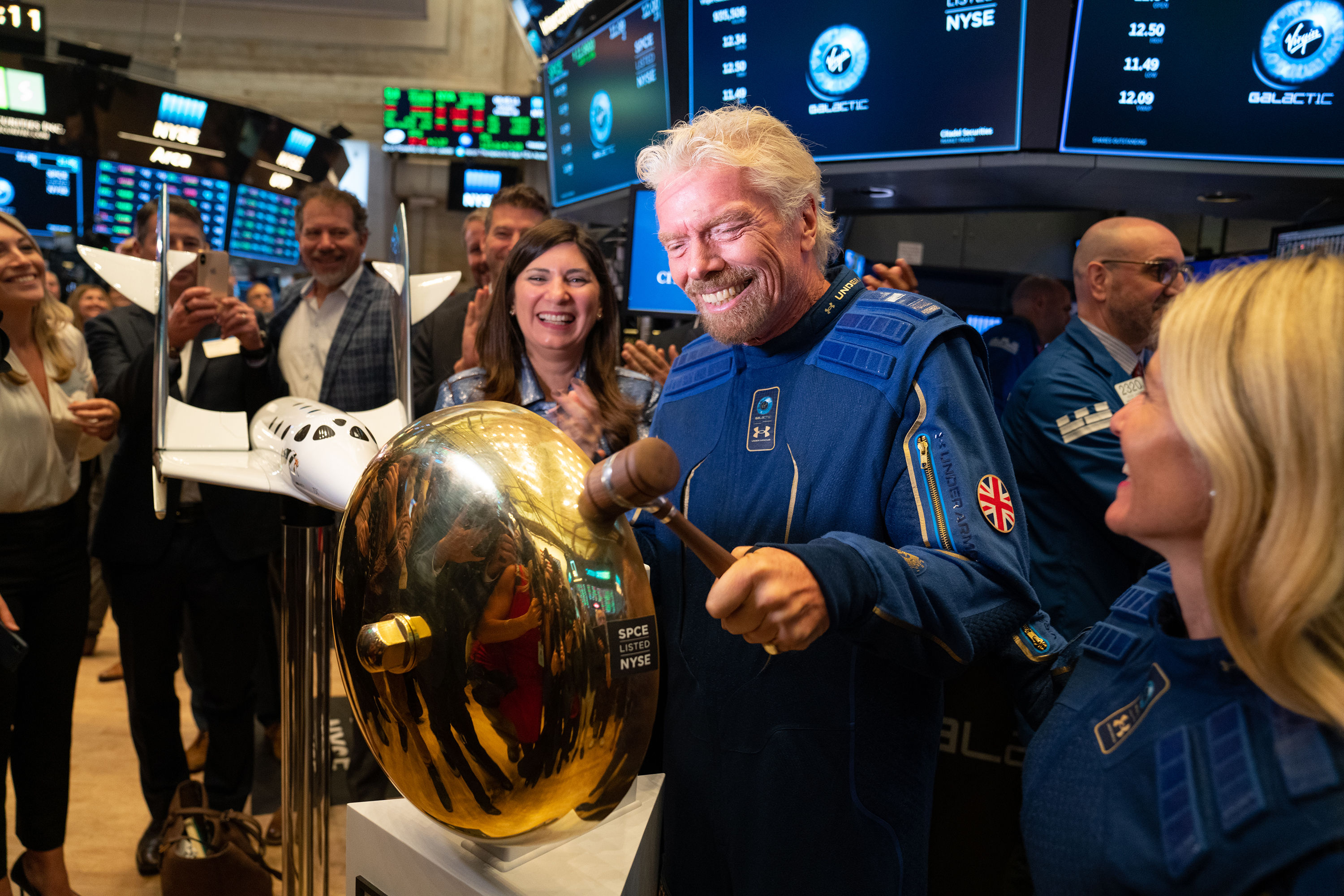 Richard Branson celebrates the first Virgin Galactic trade on the New York Stock Exchange