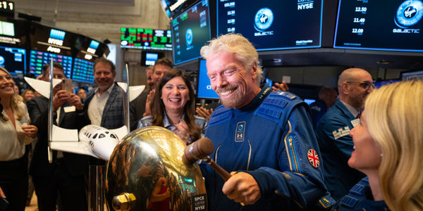 Richard Branson celebrates the first Virgin Galactic trade on the New York Stock Exchange