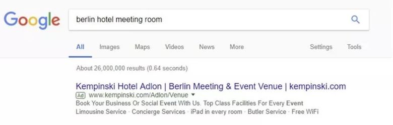 A generic campaign like this one, a search of “berlin hotel meeting room”, should be mostly or fully assigned to branding.