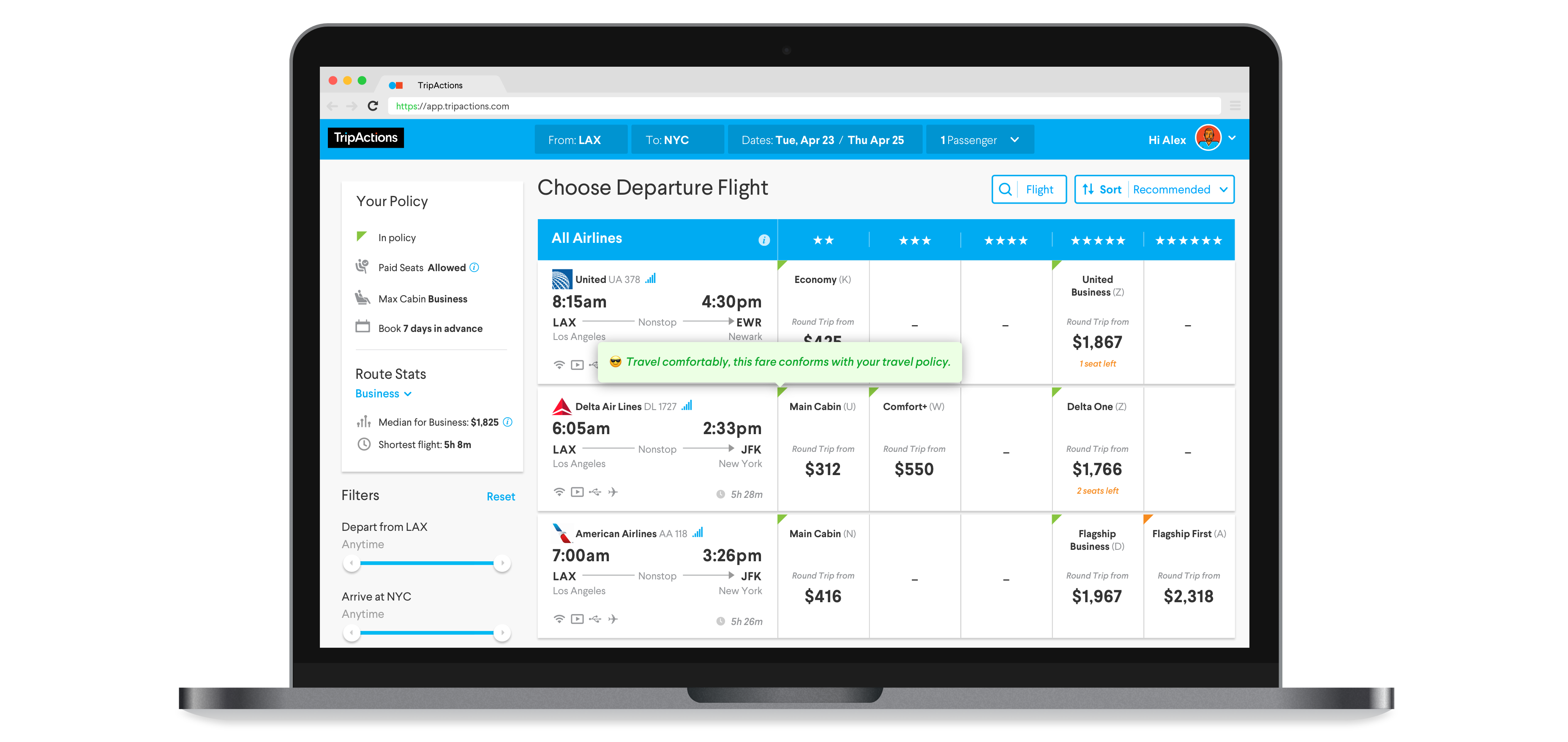 TripActions new flight shopping interface