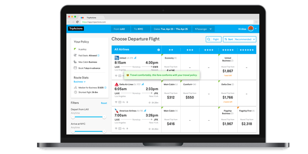 TripActions new flight shopping interface