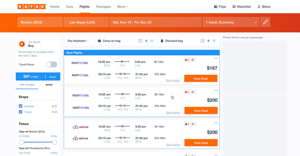 Kayak update baggage fees branded fares