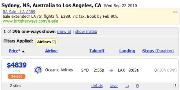 Fans of Lost: real-time video and Flight 815 in search results