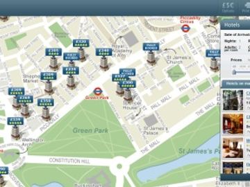 Sim City-type map with live hotel prices, booking and chat