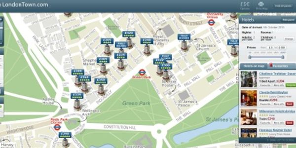 Sim City-type map with live hotel prices, booking and chat